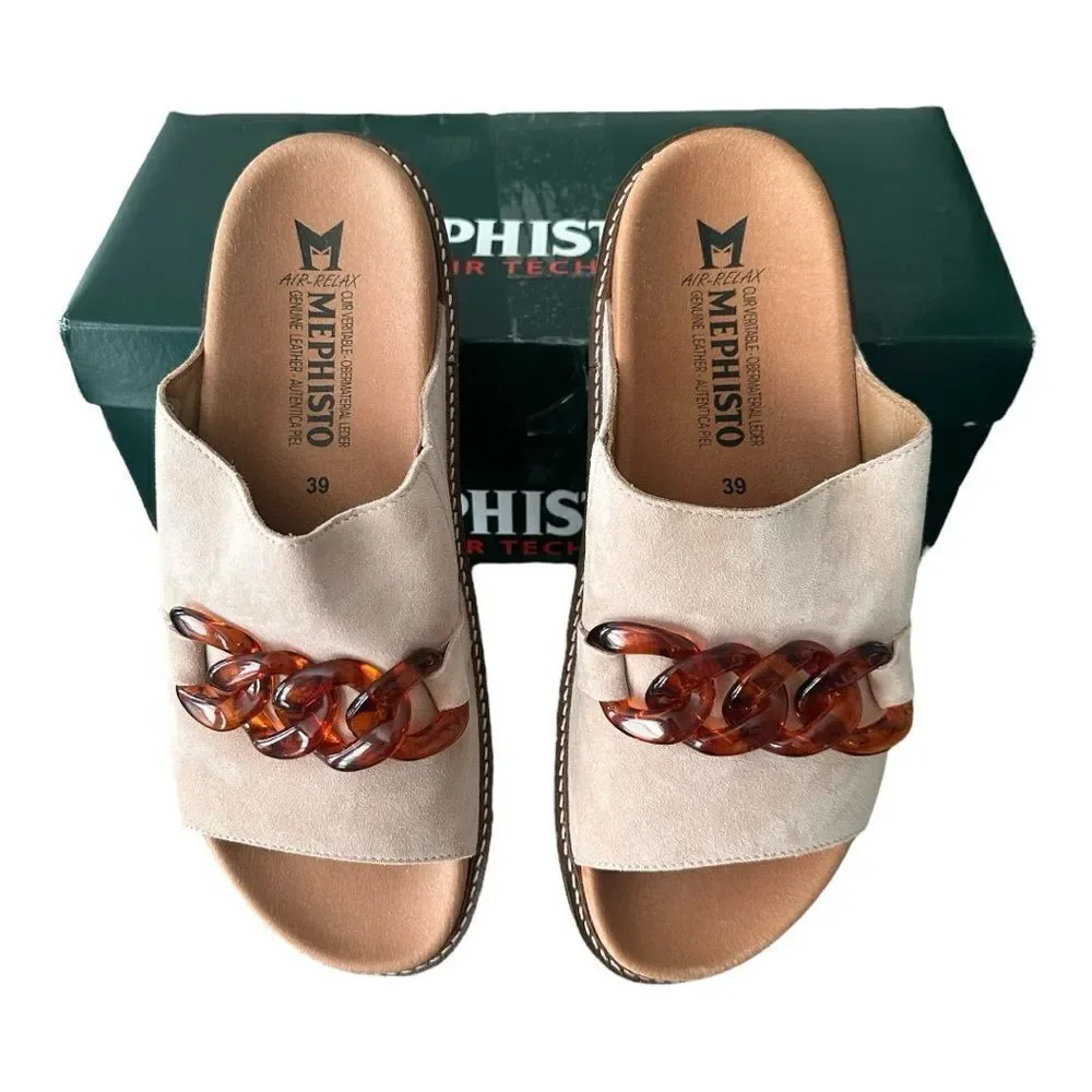 Mephisto Beverly Suede Slide Sandals EU 39 US 9 Sand Tan Tortoise Chain